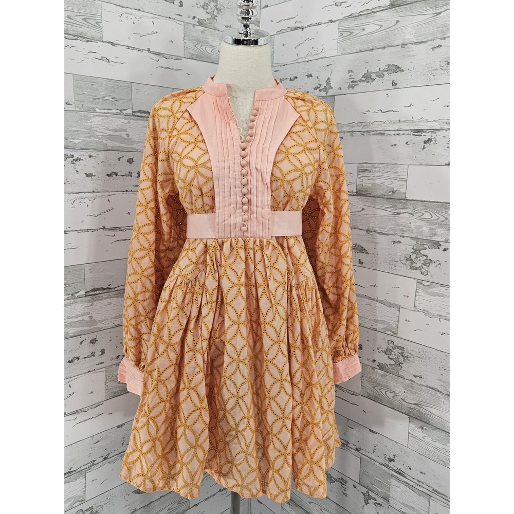 Aofur Women's Small Embroidered Tunic Mini Dress Long Balloon Sleeves Pockets